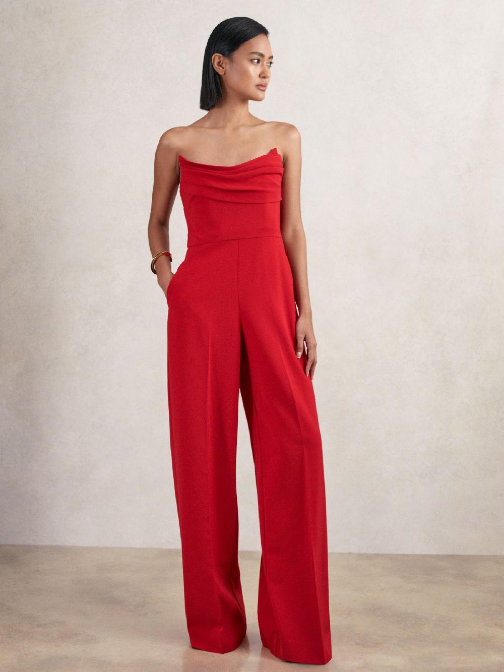 Reiss Structured Strapless Wide-Leg Jumpsuit In Red
