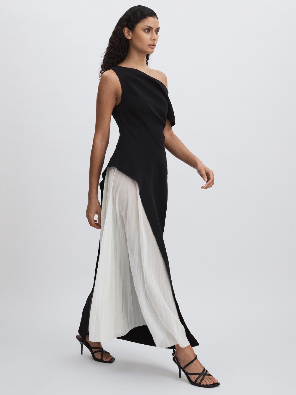 Reiss Sudden Midi Dress With Contrast Skirt In Black/Cream