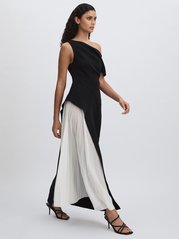 reiss Sudden Midi Dress with Contrast Skirt in Black/Cream
