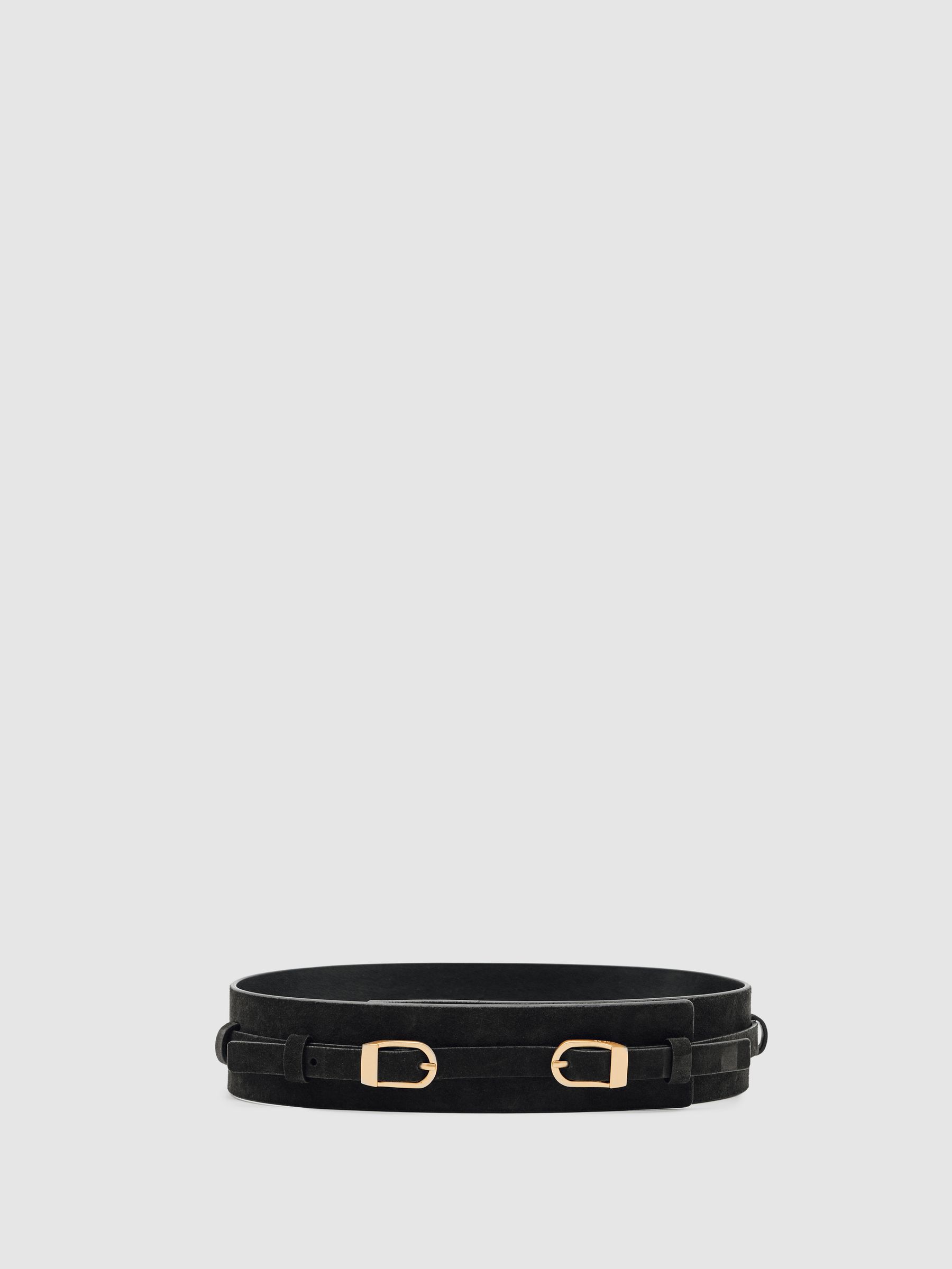 Reiss Suede Double-Buckle Corset Waist Belt In Chocolate