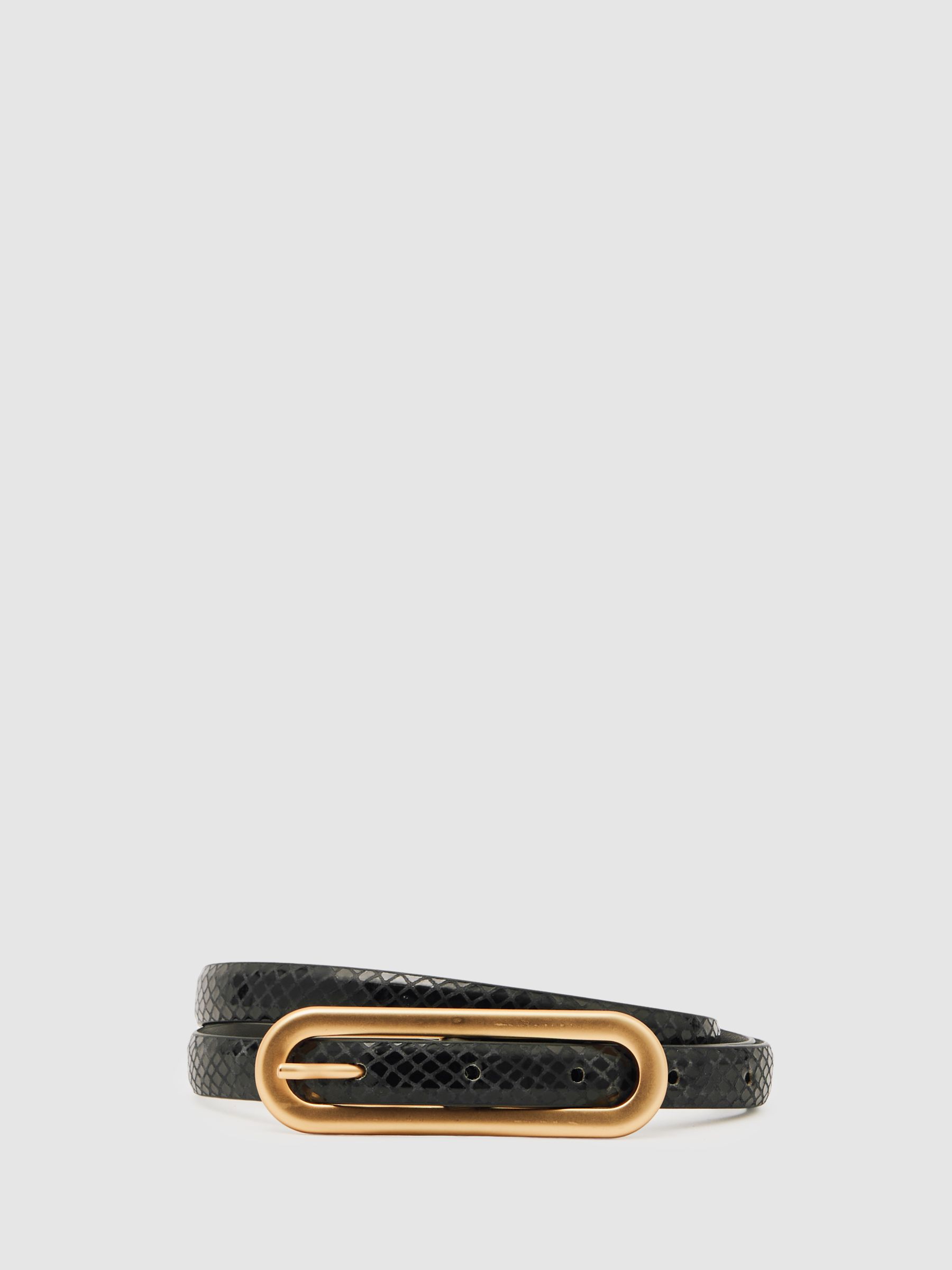 Reiss Suede Elongated-Buckle Skinny Belt In Black Snakeskin