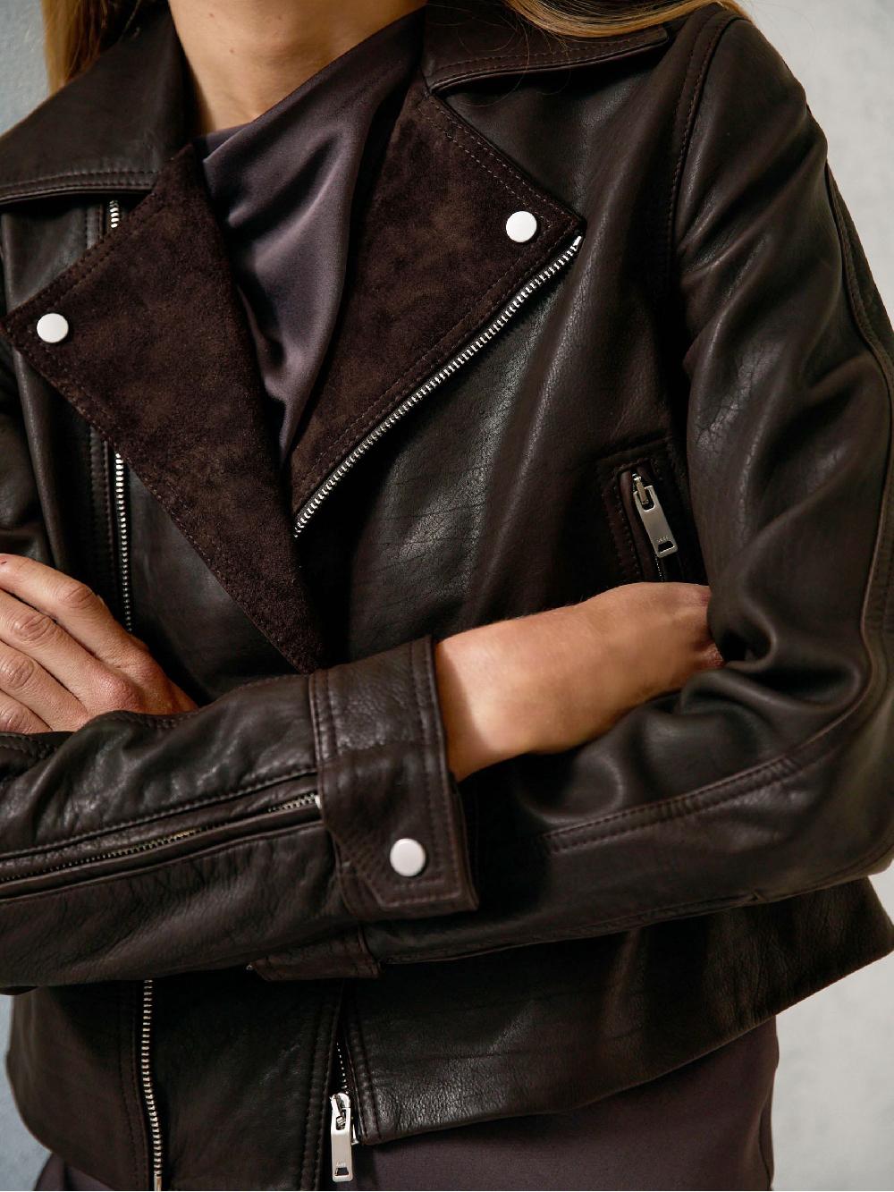 Reiss Suede-Lapel Leather Biker Jacket In Chocolate Brown