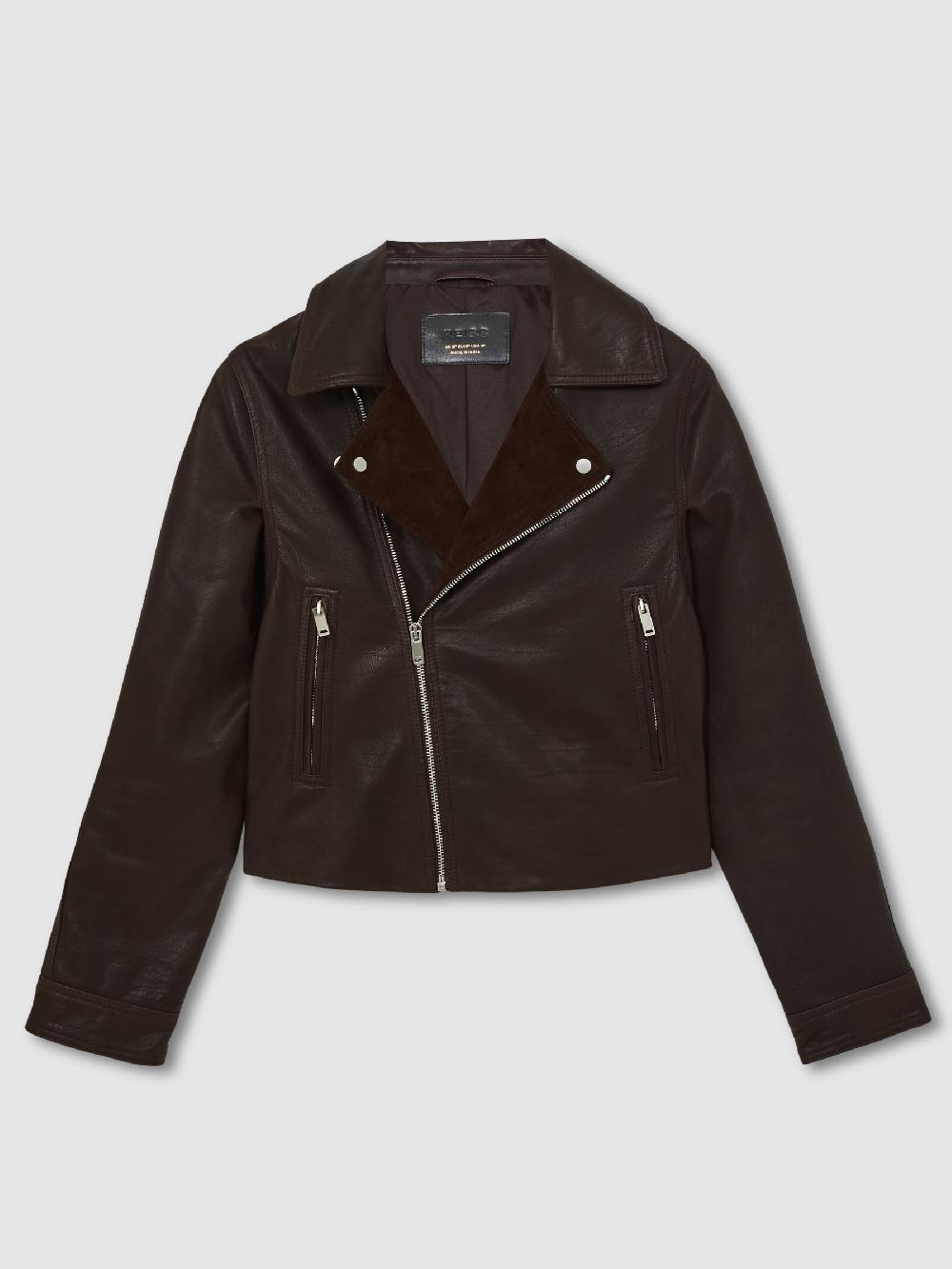 Reiss Suede-Lapel Leather Biker Jacket In Chocolate Brown