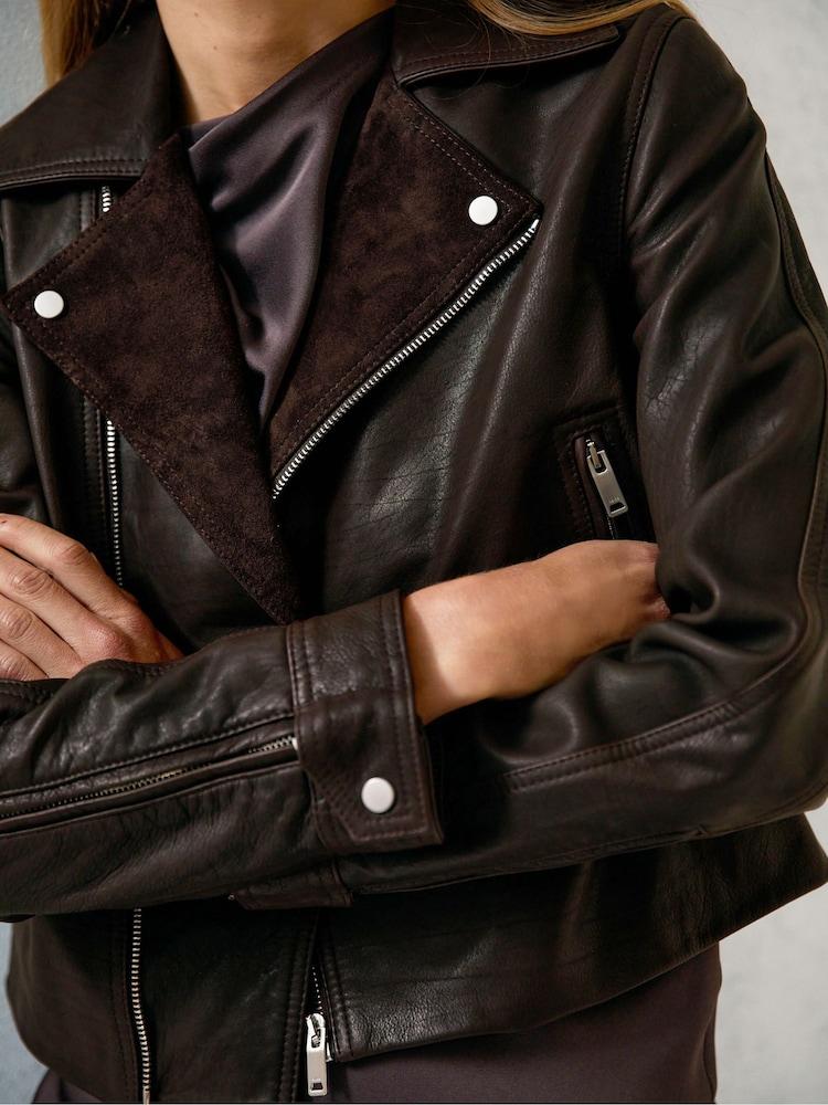 reiss Suede-Lapel Leather Biker Jacket in Chocolate Brown