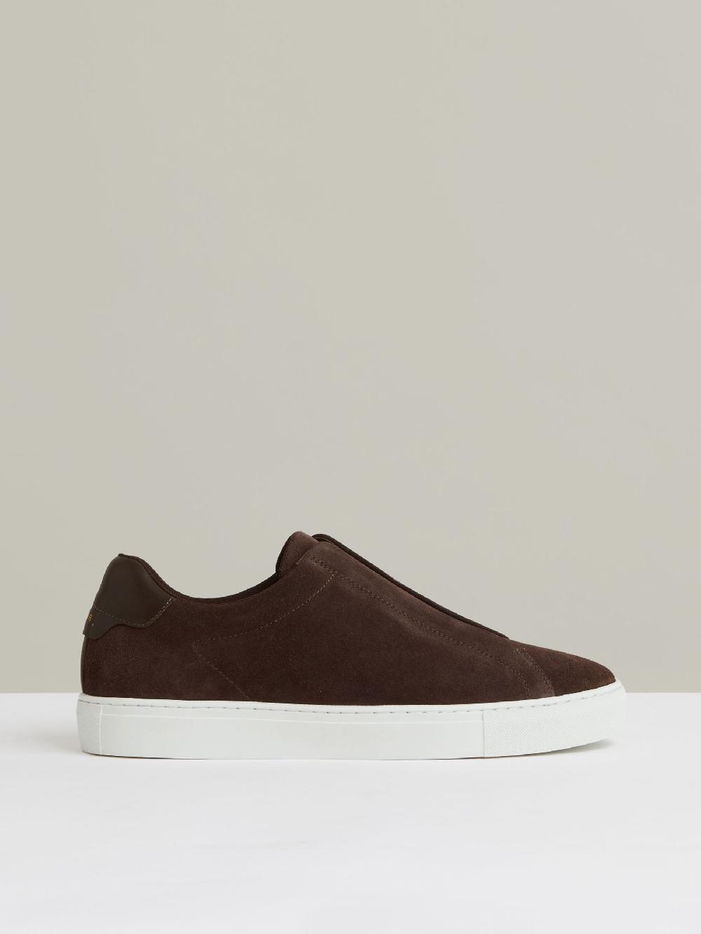 Reiss Suede Slip-On Elasticated Trainers In Chocolate Brown