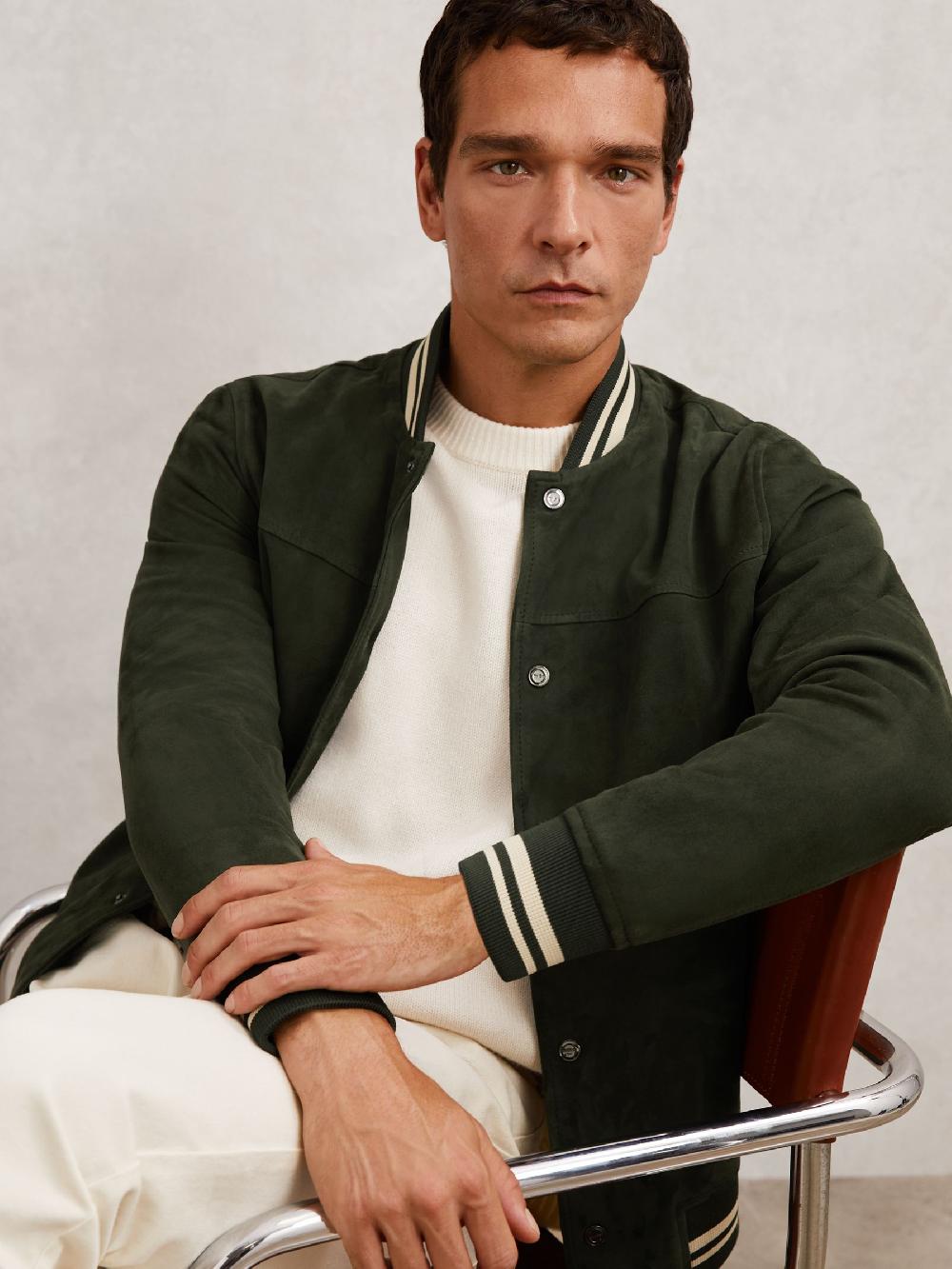 Reiss Suede Stripe-Trim Bomber Jacket In Forest Green