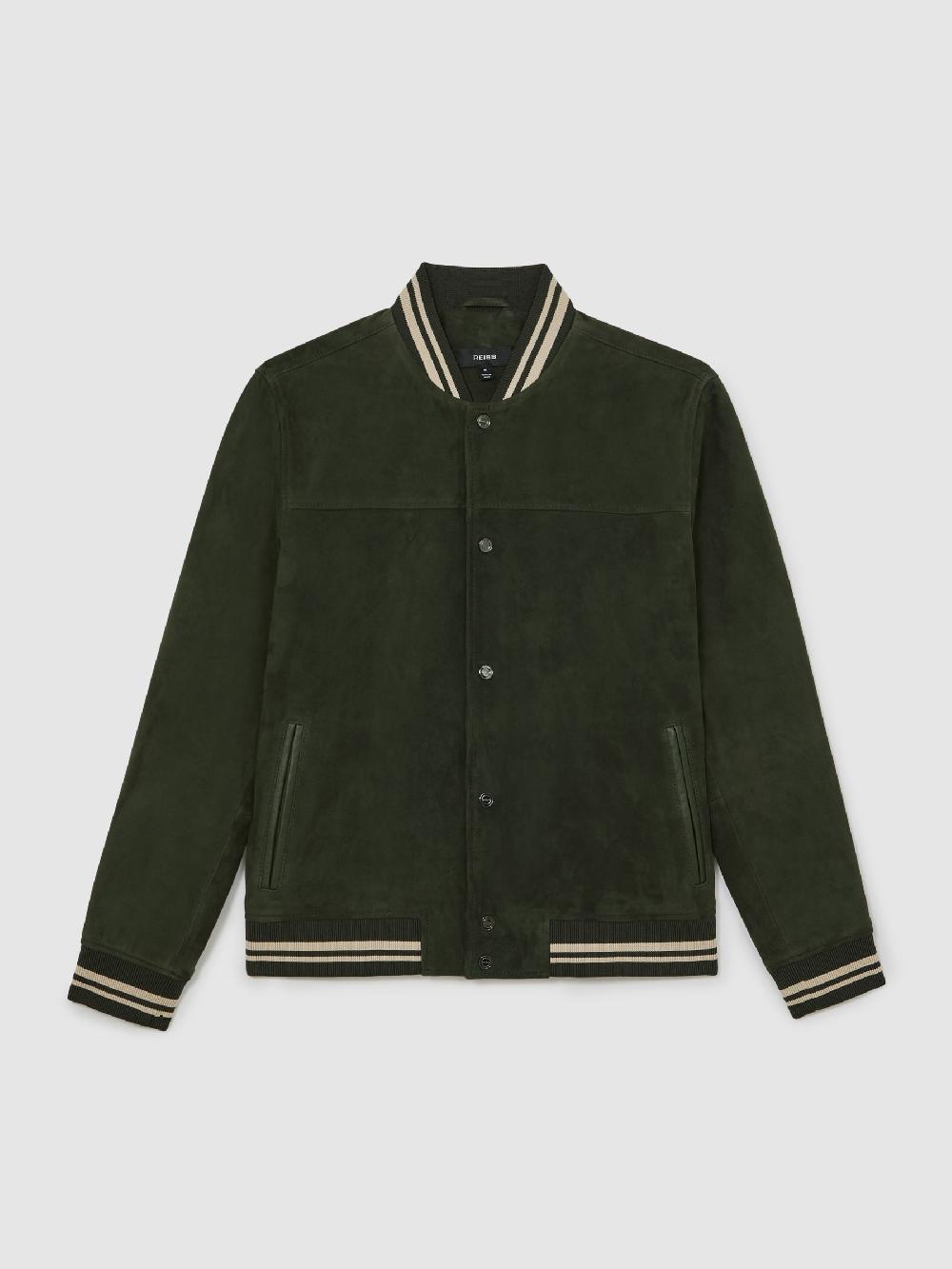 Reiss Suede Stripe-Trim Bomber Jacket In Forest Green