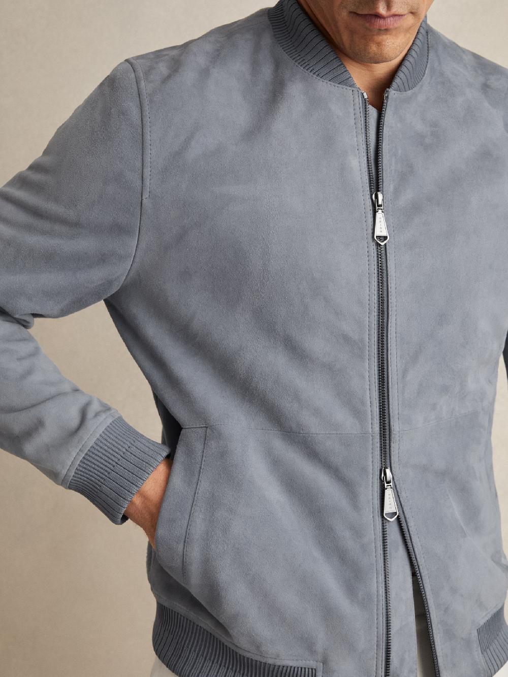 Reiss Suede Zip-Through Bomber Jacket In Denim Blue