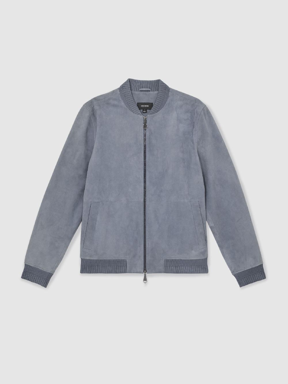 Reiss Suede Zip-Through Bomber Jacket In Denim Blue