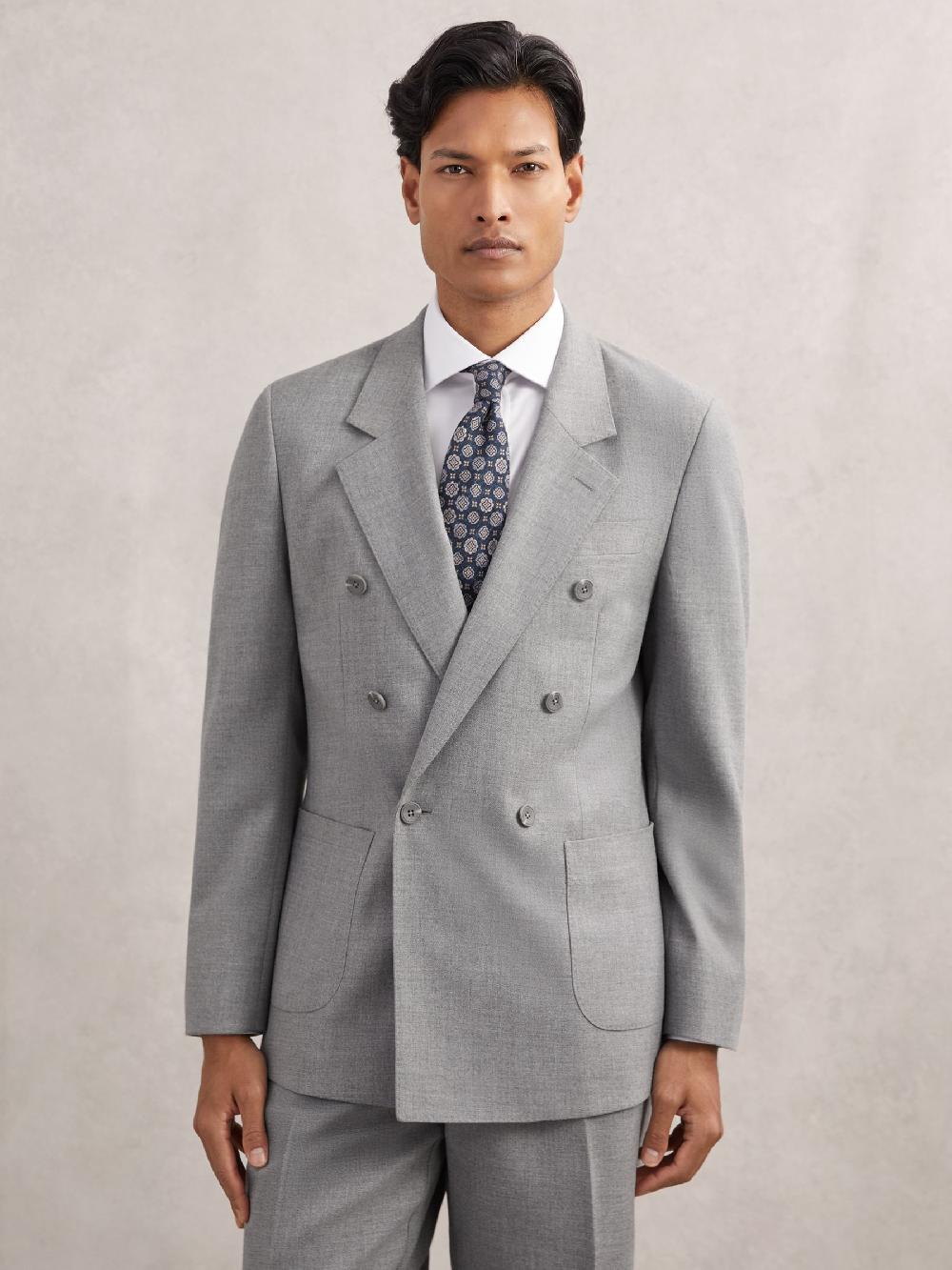 Reiss Tailored-Fit Double-Breasted Blazer In Soft Grey