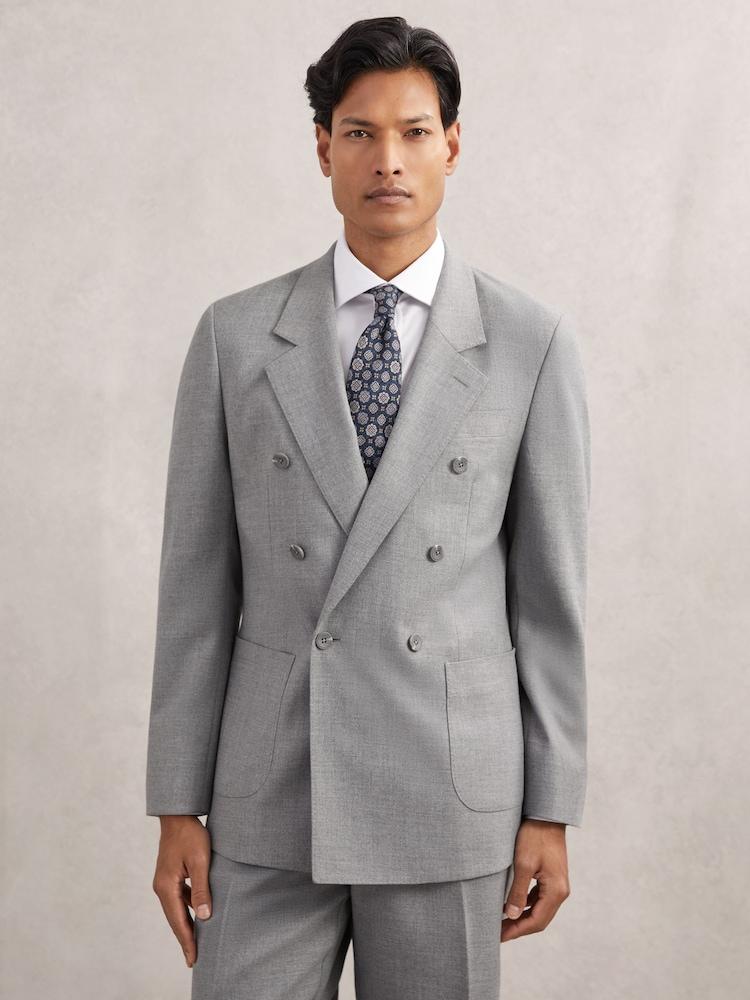 reiss Tailored-Fit Double-Breasted Blazer in Soft Grey