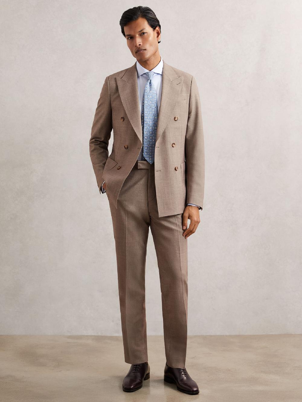 Reiss Tailored-Fit Textured Suit Trousers With Wool In Brown