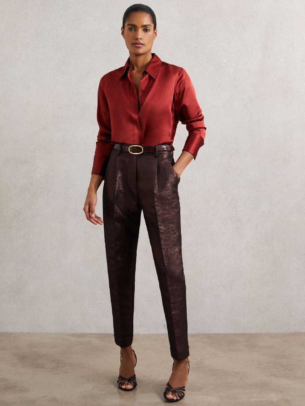 Reiss Tapered Metallic Suit Trousers With Cotton In Burgundy