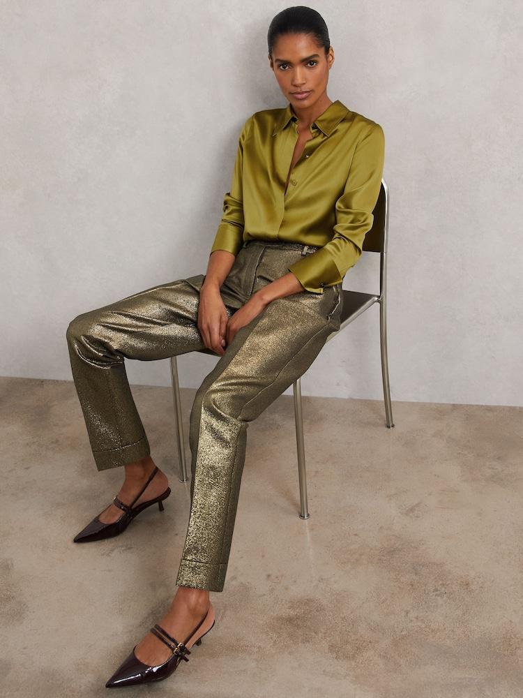 reiss Tapered Metallic Suit Trousers with Cotton in Gold