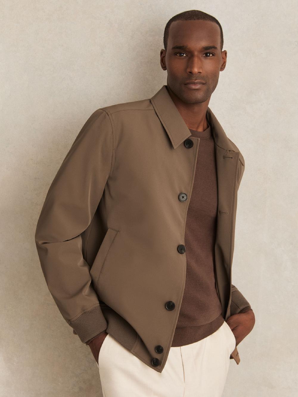 Reiss Technical Button Through Jacket In Chestnut Brown