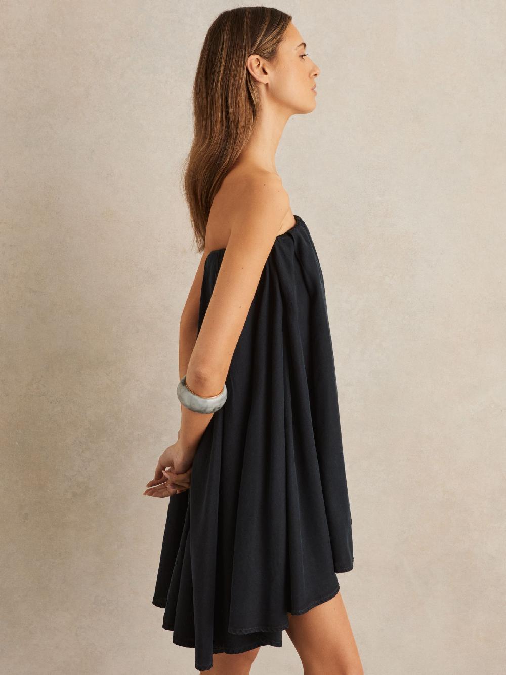 Reiss Tencel Strapless Dip-Hem Mini Dress In Indigo