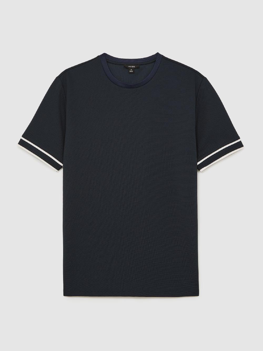 Reiss Textured Crew-Neck Tipped T-Shirt In Navy Blue