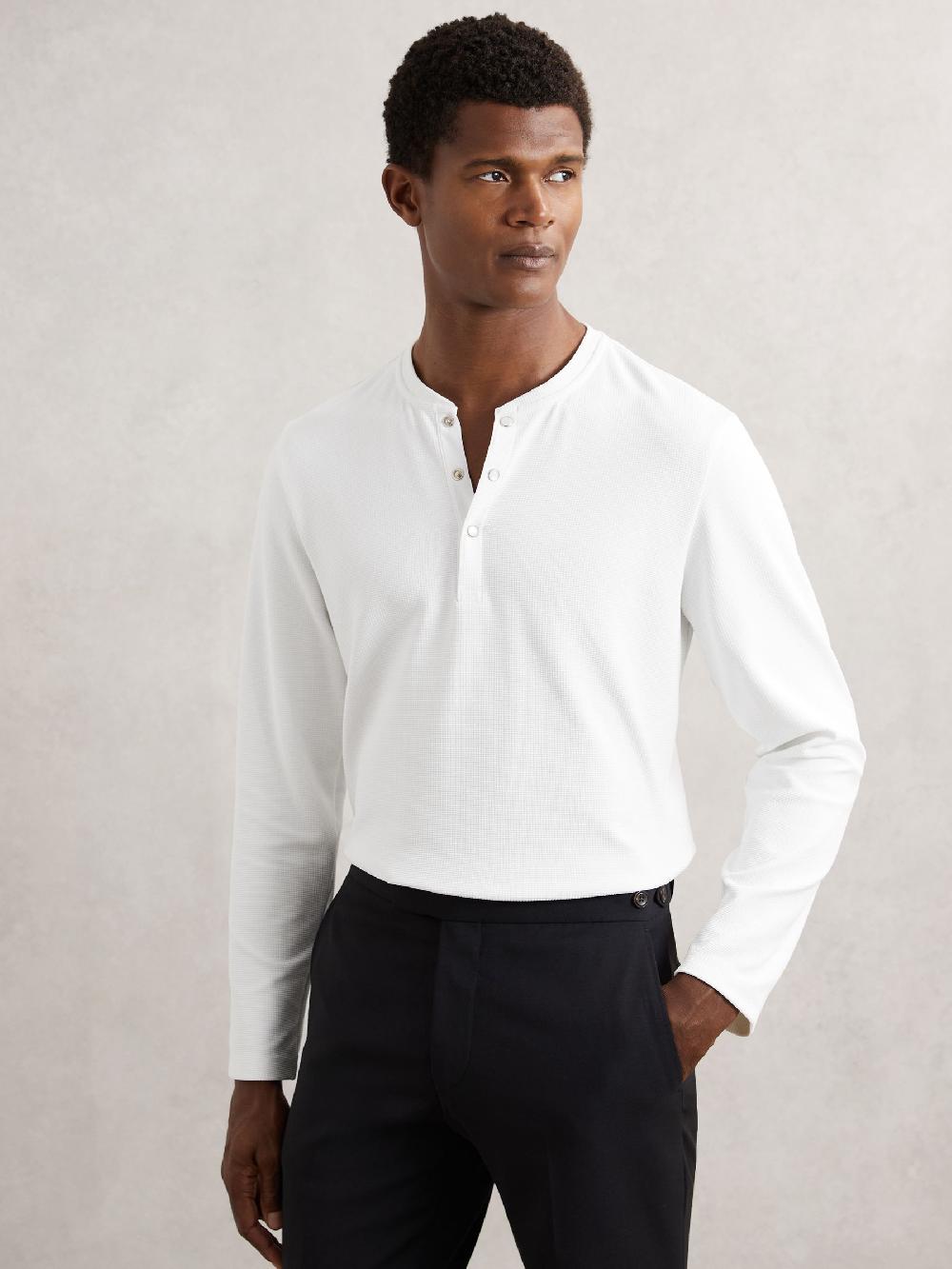Reiss Textured Grandad-Collar Henley Shirt In White
