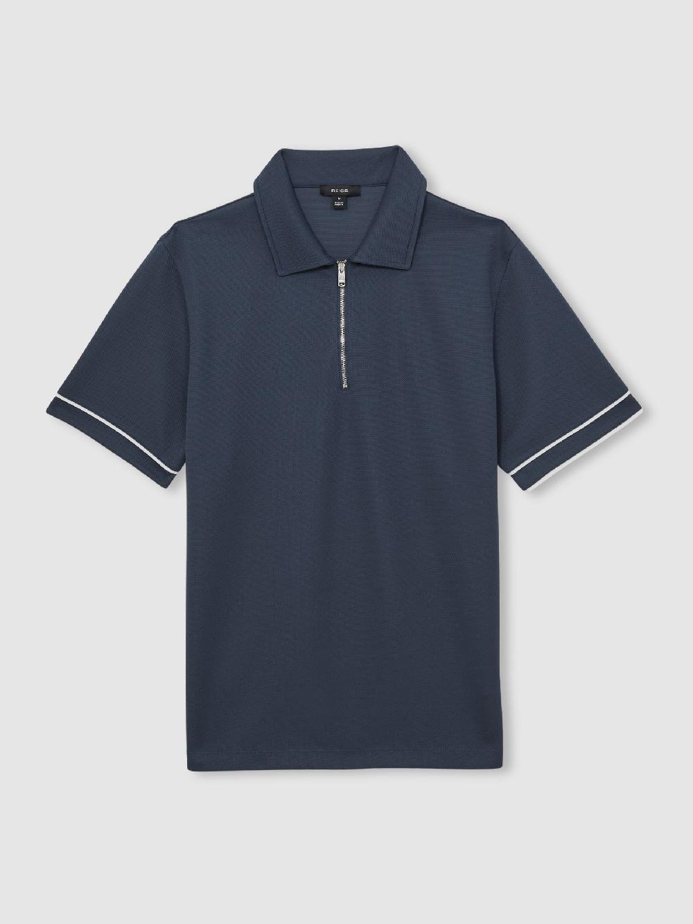 Reiss Textured Half-Zip Tipped Polo Shirt In Airforce Blue