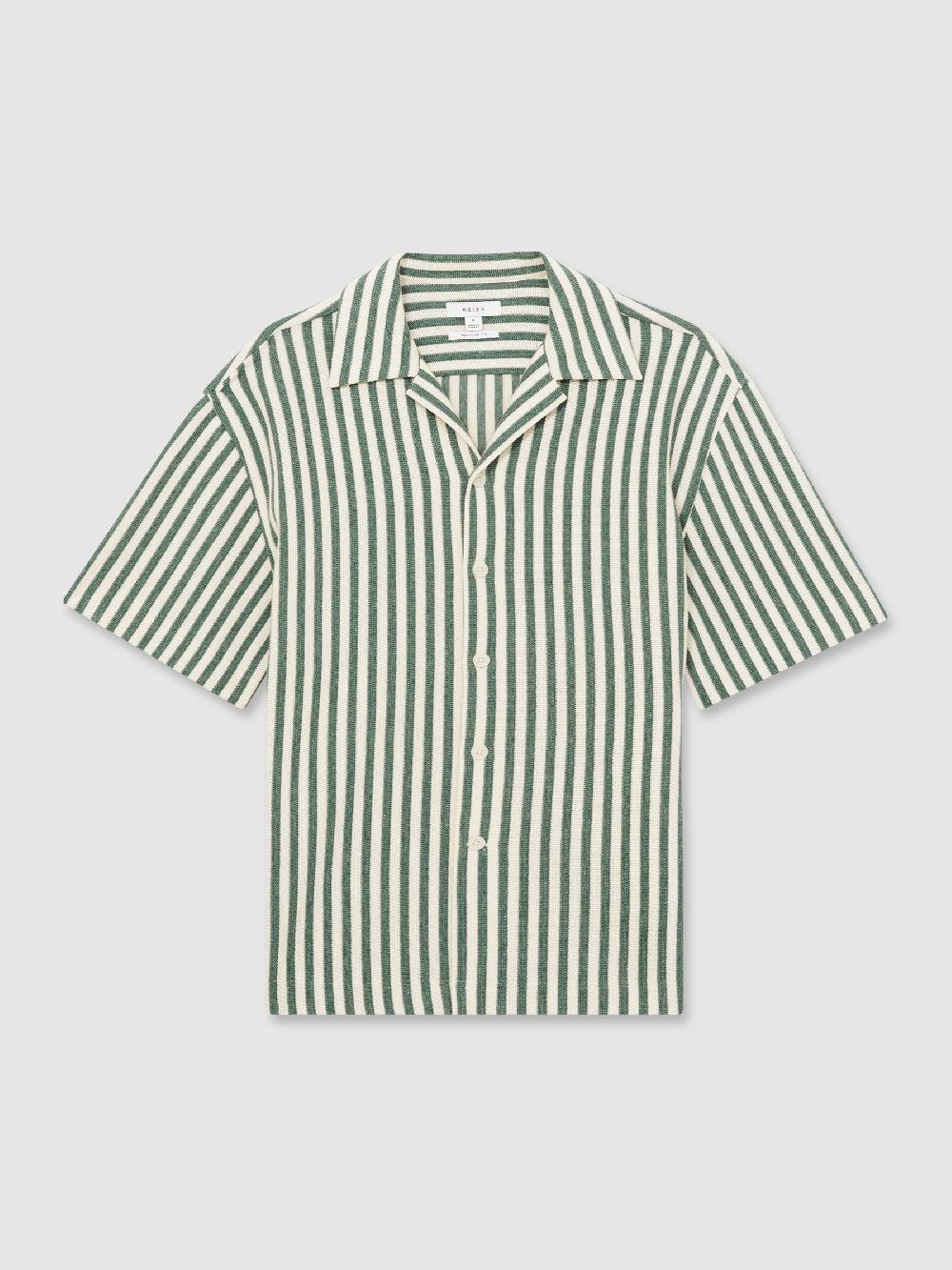 Reiss Textured Stripe Cuban-Collar Shirt In Green/White