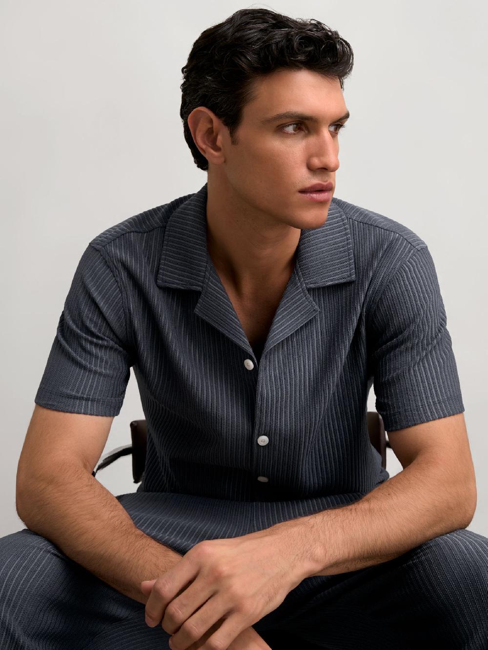 Reiss Textured-Stripe Cuban-Collar Shirt In Petrol Blue