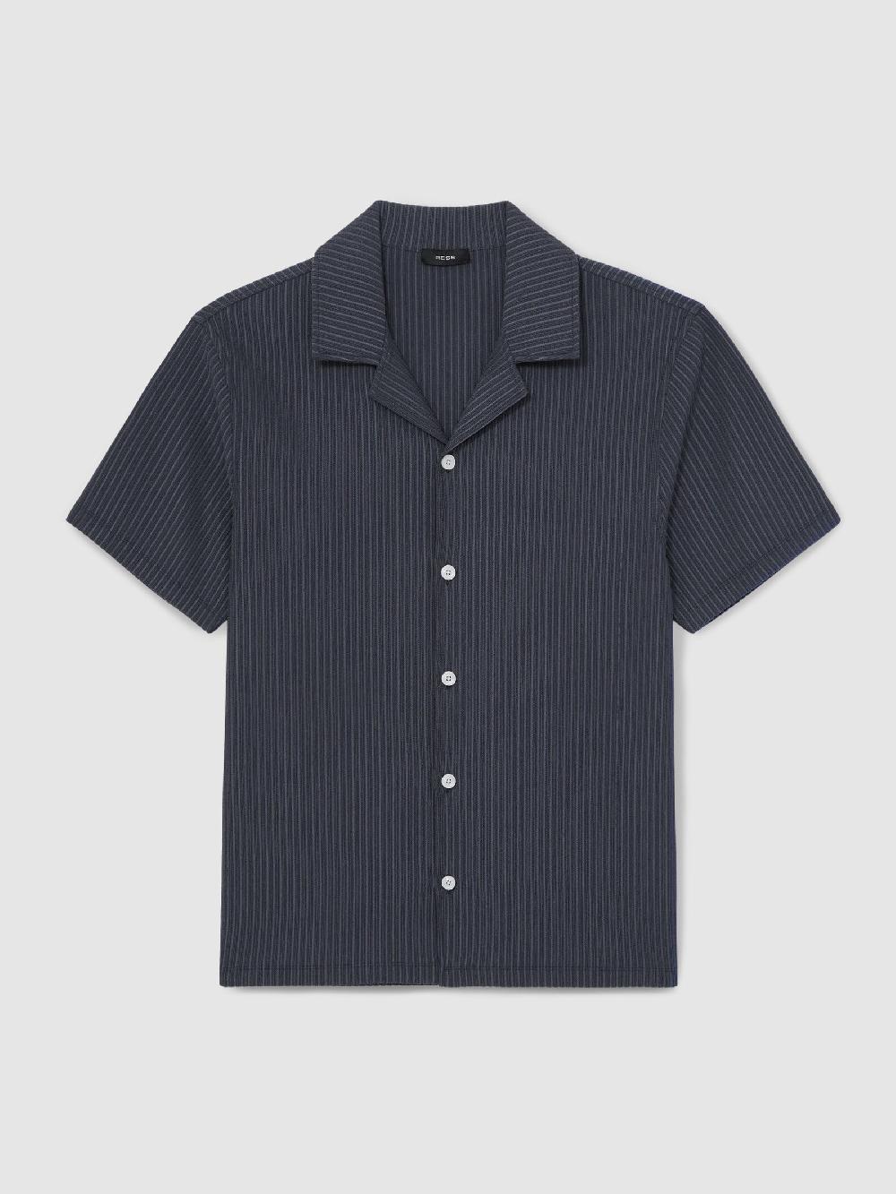Reiss Textured-Stripe Cuban-Collar Shirt In Petrol Blue