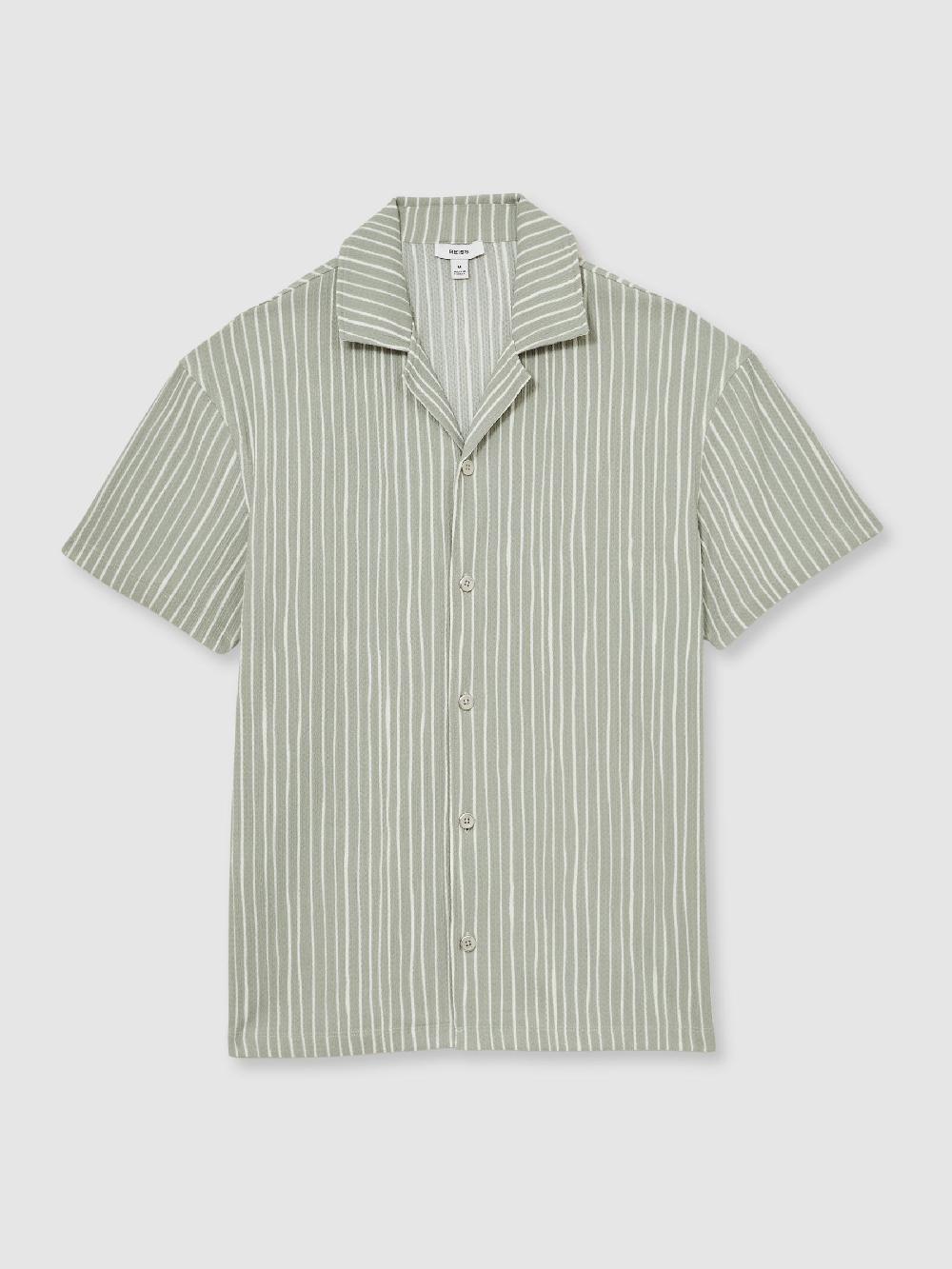 Reiss Textured Stripe Cuban Collar Shirt In Sage/White