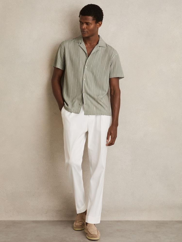 reiss Textured Stripe Cuban Collar Shirt in Sage/White