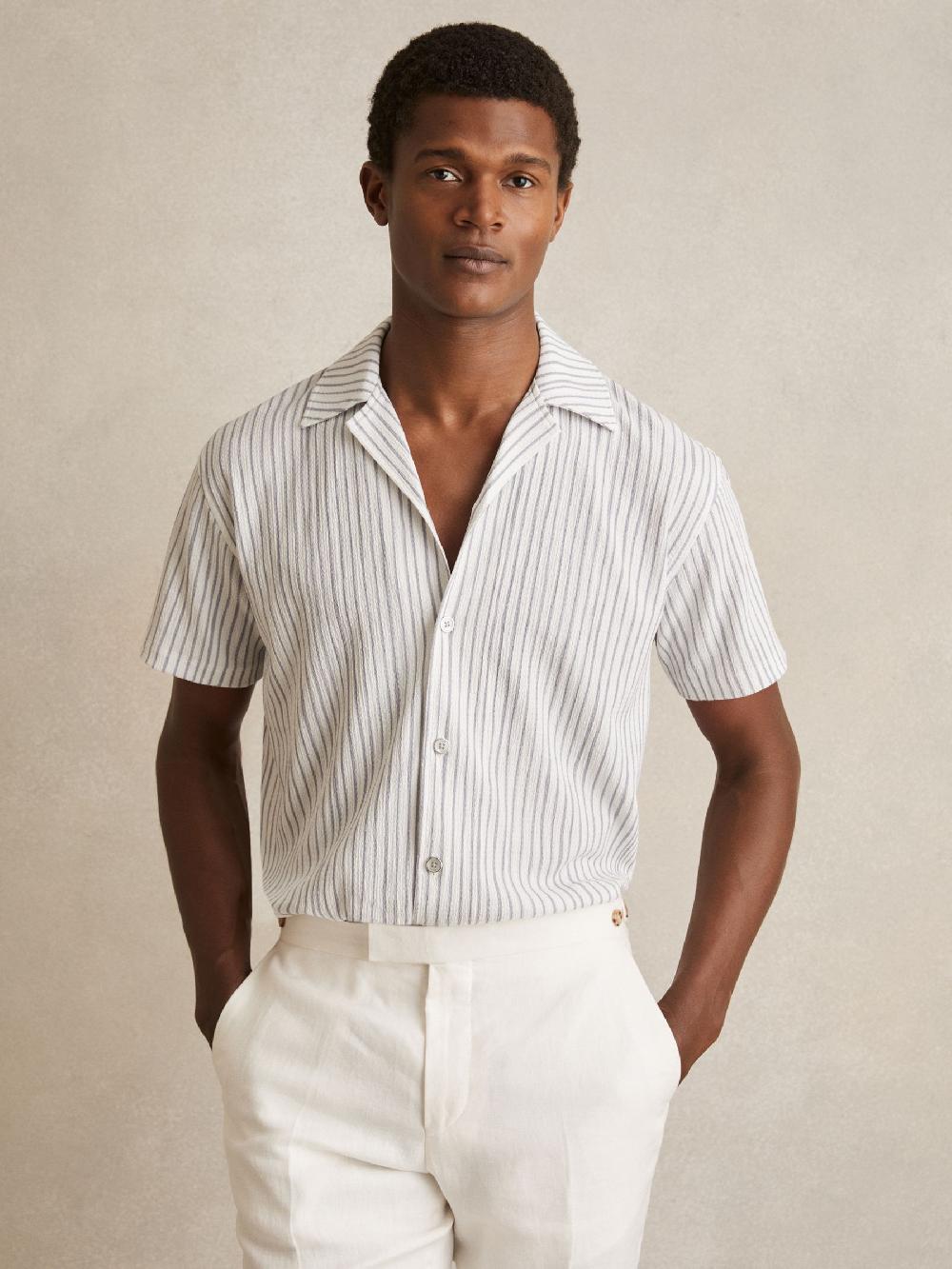 Reiss Textured Stripe Cuban Collar Shirt In White/Soft Blue