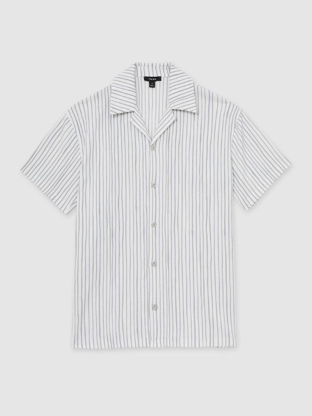 Reiss Textured Stripe Cuban Collar Shirt In White/Soft Blue
