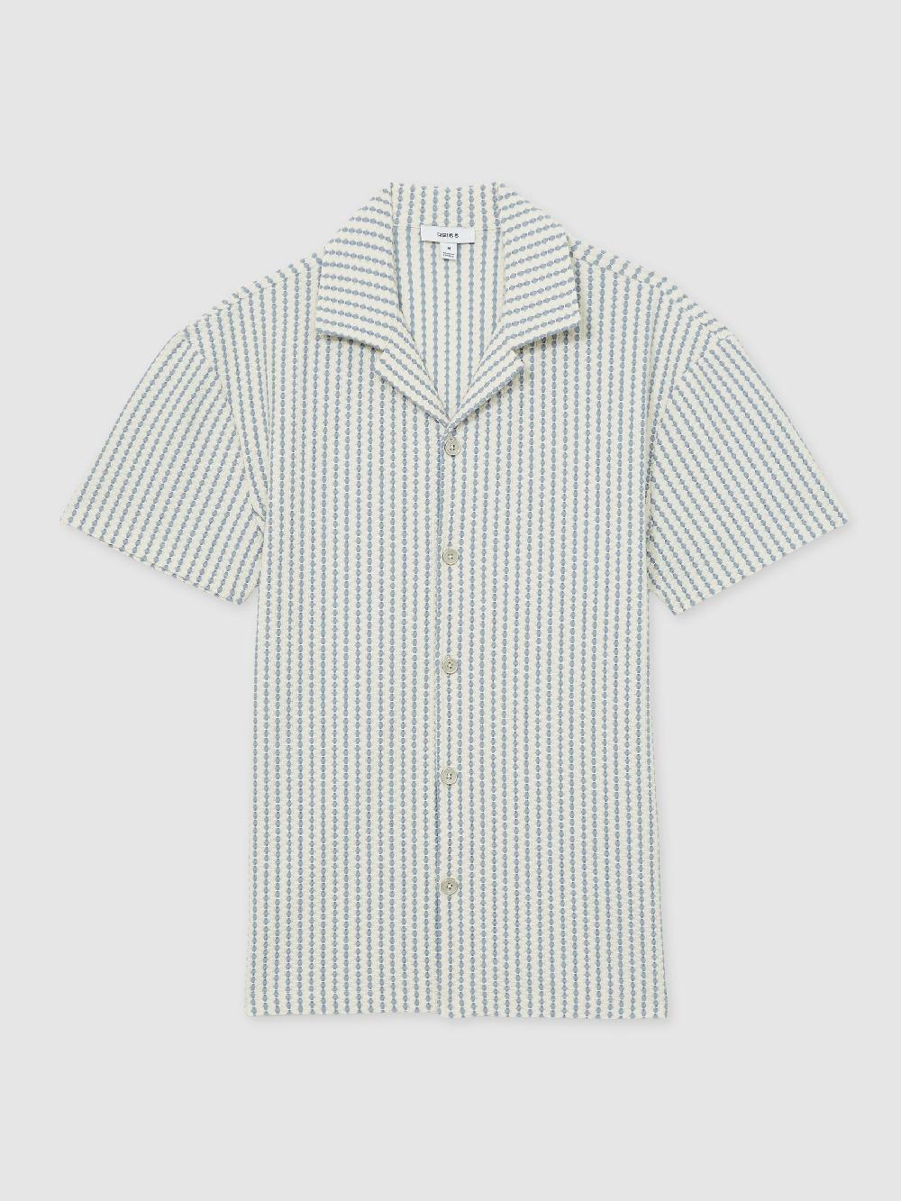 Reiss Textured-Stripe Cuban-Collar Shirt In White/Soft Blue