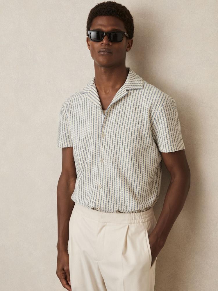 reiss Textured-Stripe Cuban-Collar Shirt in White/Soft Blue