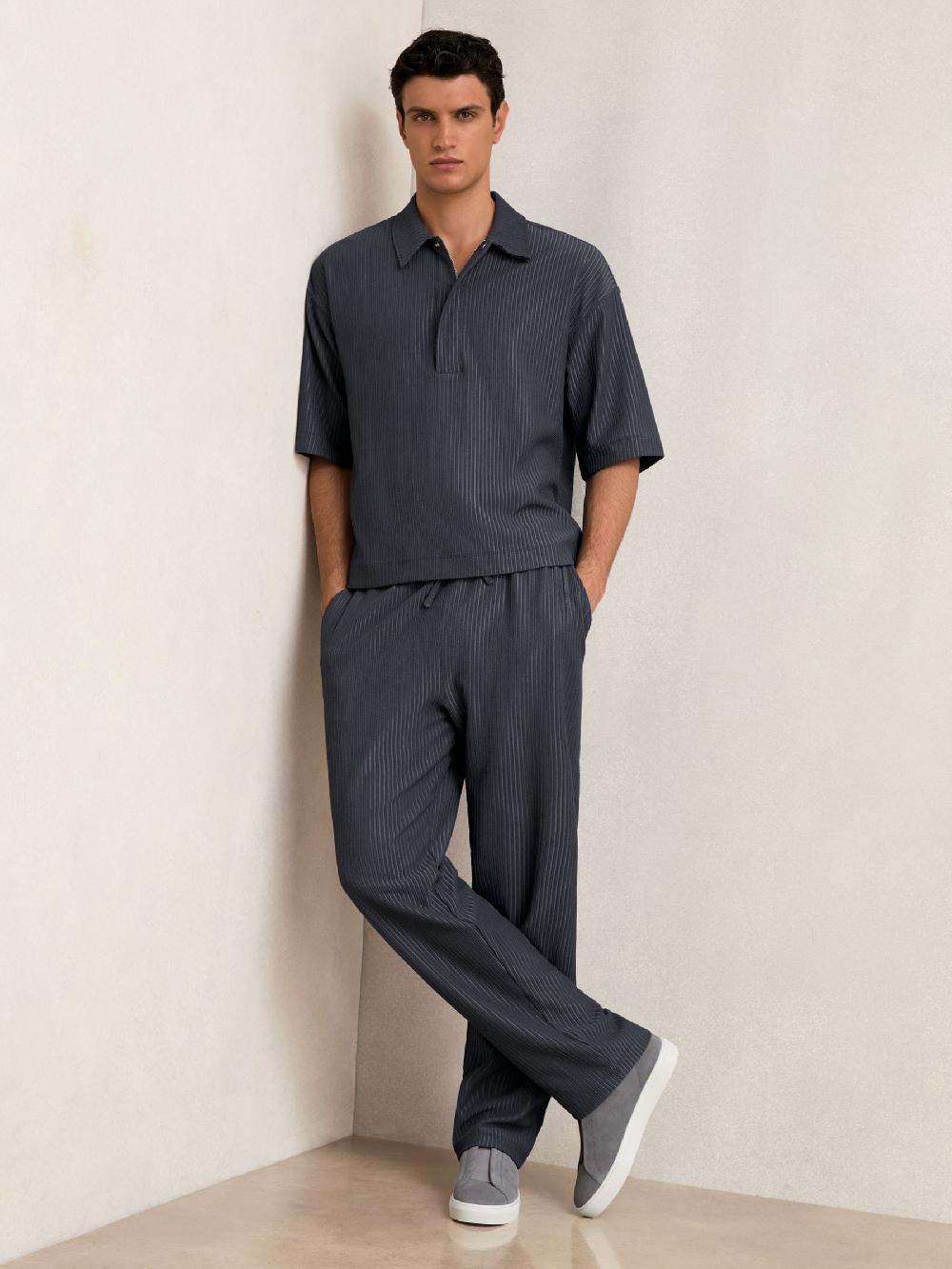 Reiss Textured Stripe Drawstring Trousers In Petrol Blue