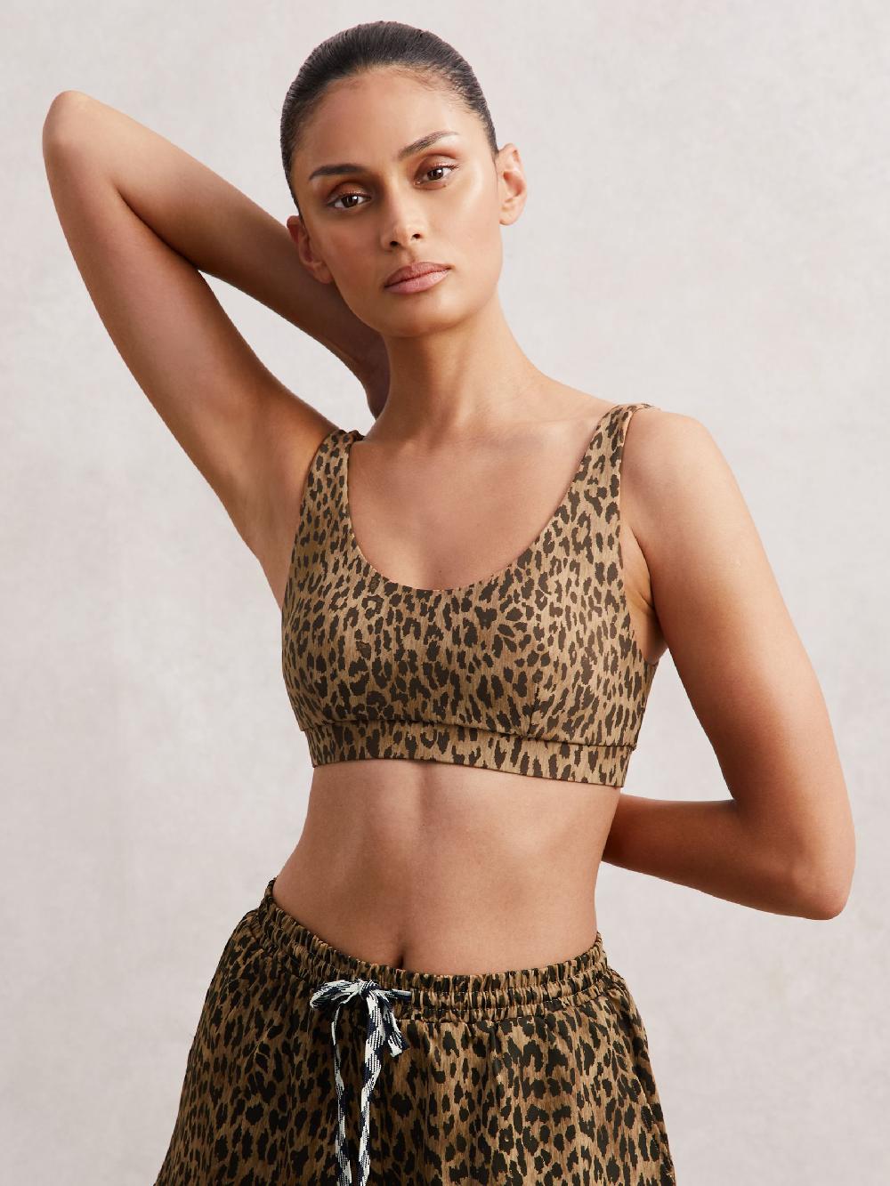 Reiss The Upside Leopard-Print Scoop Bra In Brown Print