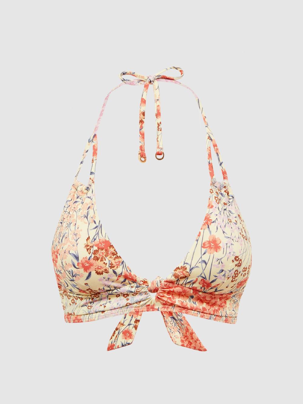 Reiss Triangle Floral Print Halter Neck Bikini Top In Pink Print