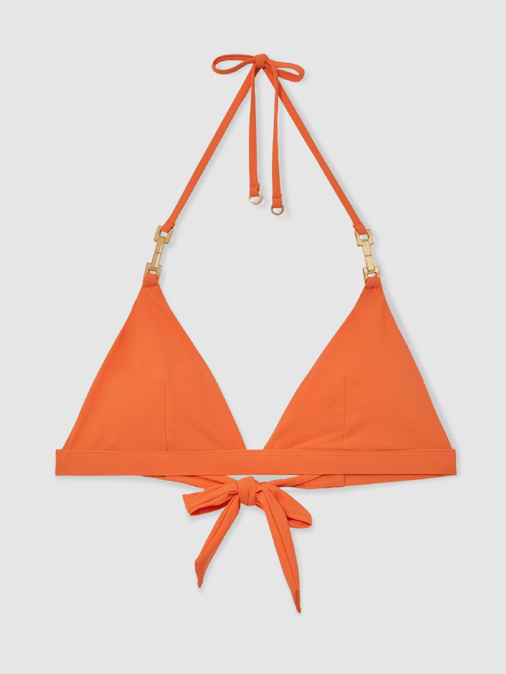 Reiss Triangle Halter Neck Bikini Top In Coral Orange