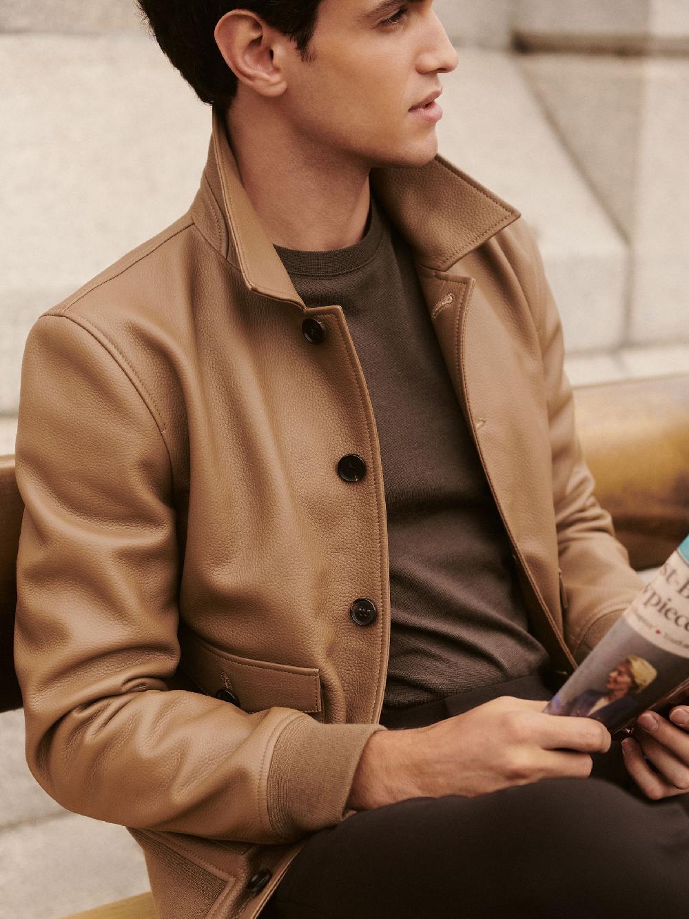 Reiss Tumbled-Leather Harrington Jacket In Tan Brown