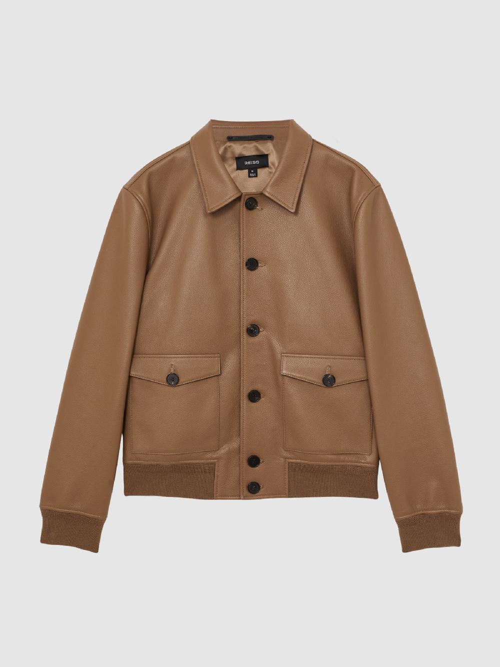 Reiss Tumbled-Leather Harrington Jacket In Tan Brown