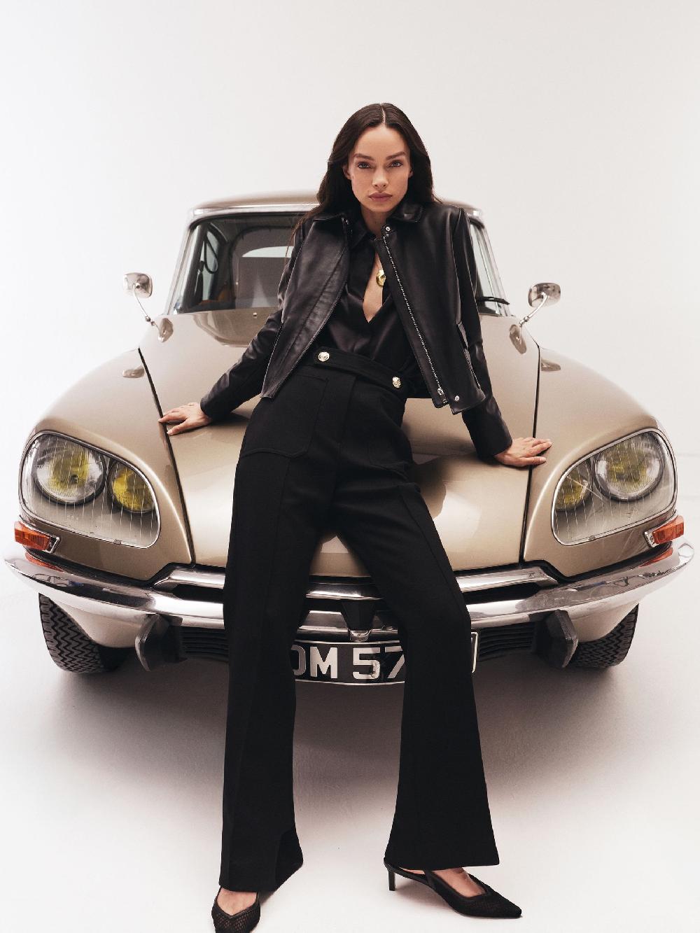 Reiss Twill Button-Tab Flared Trousers With Wool In Black