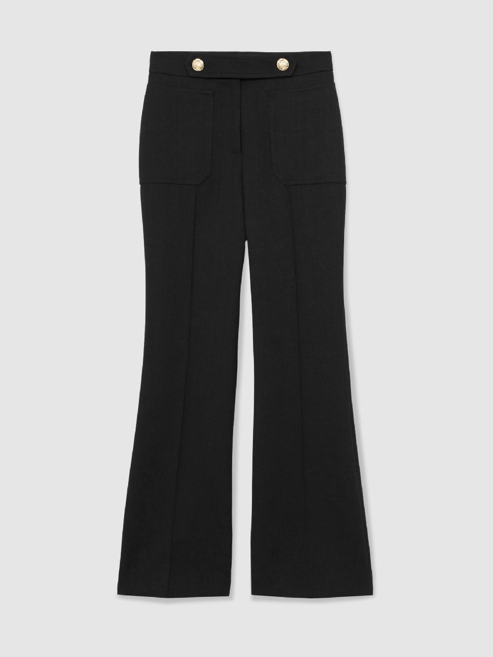 Reiss Twill Button-Tab Flared Trousers With Wool In Black