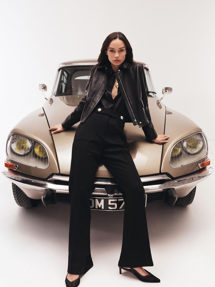 reiss Twill Button-Tab Flared Trousers With Wool in Black