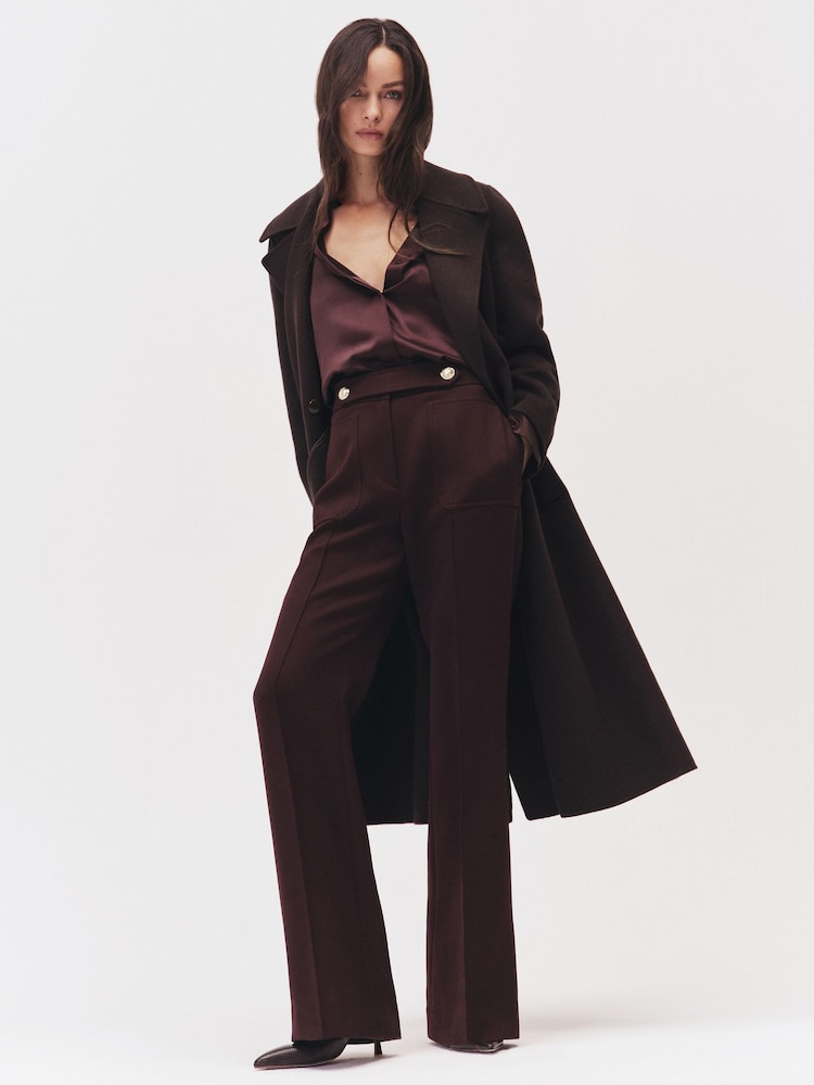 reiss Twill Button-Tab Flared Trousers With Wool in Burgundy