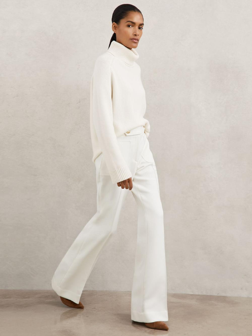 Reiss Twill Button-Tab Flared Trousers With Wool In White