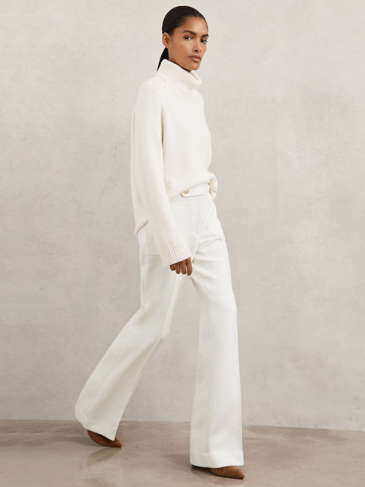 reiss Twill Button-Tab Flared Trousers With Wool in White