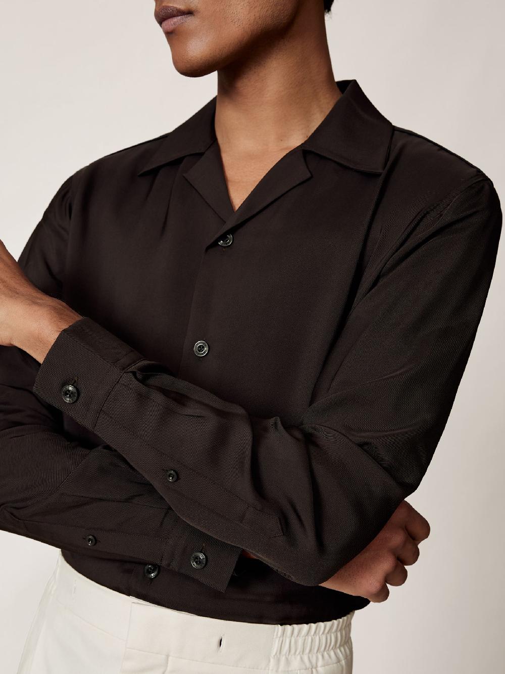 Reiss Twill Piped Cuban-Collar Shirt In Chocolate Brown