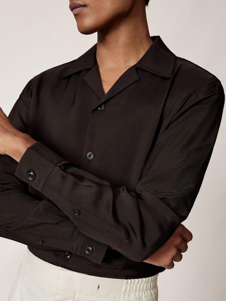 reiss Twill Piped Cuban-Collar Shirt in Chocolate Brown