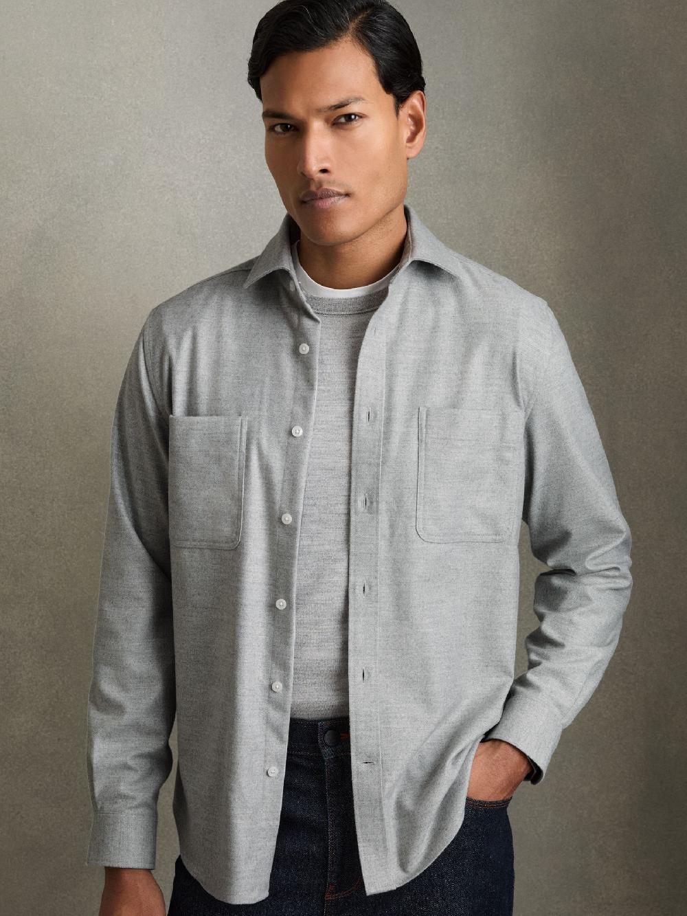 Reiss Twin-Pocket Button-Through Overshirt In Soft Grey Melange