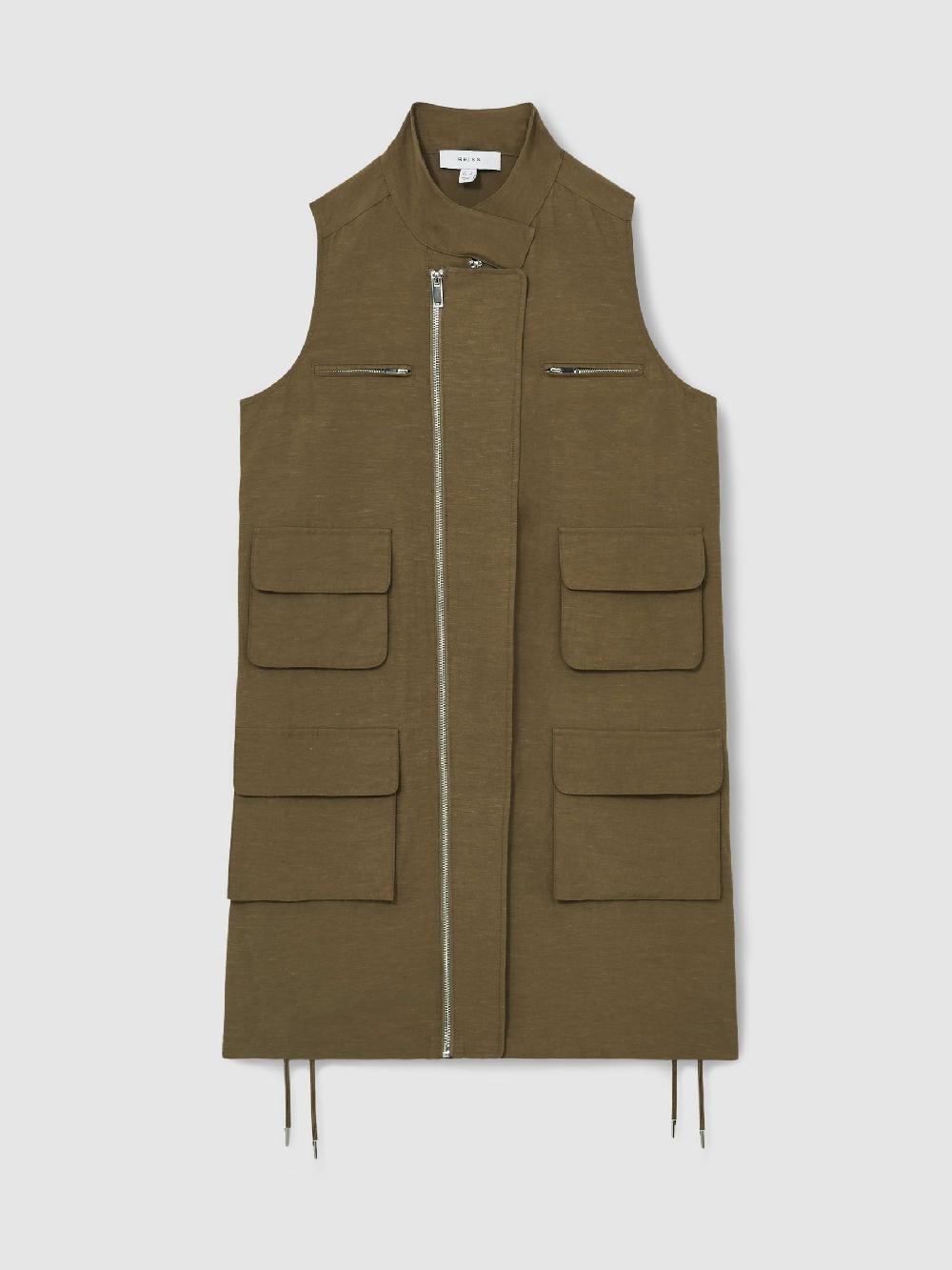 Reiss Utility Zip-Through Mini Dress With Linen In Khaki