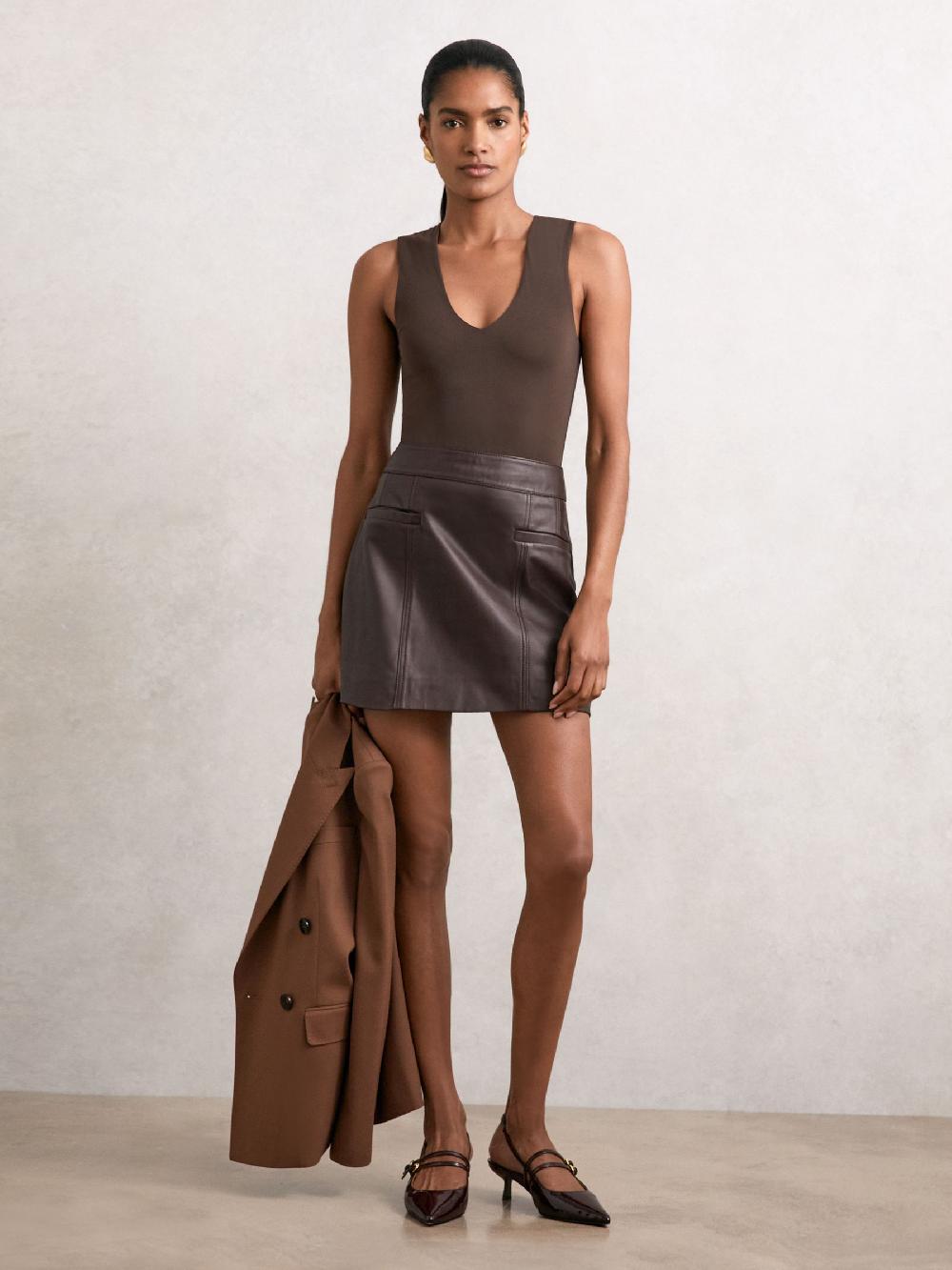 Reiss V-Neck Sleeveless Bodysuit In Chocolate Brown