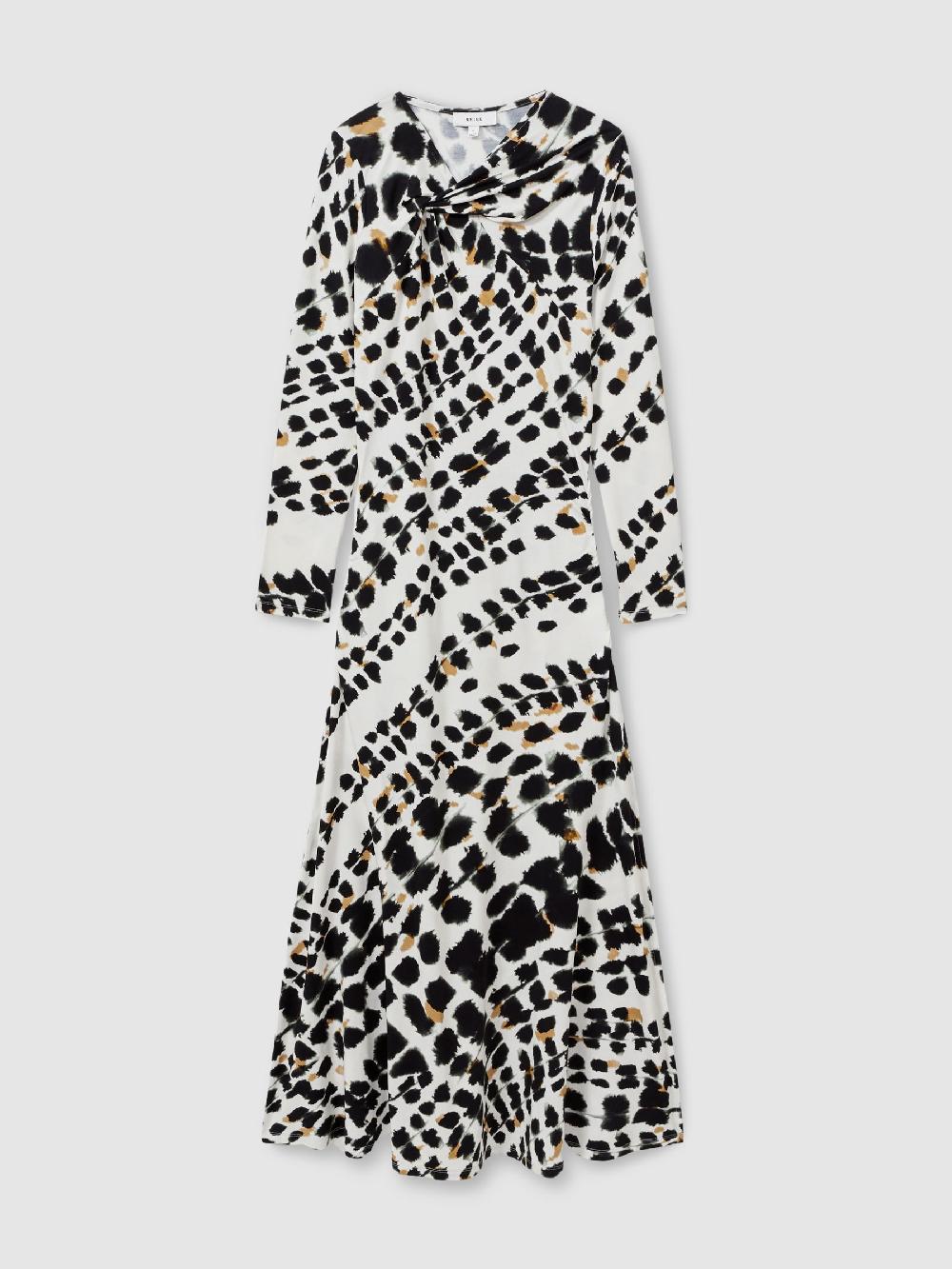 Reiss Vanita Black/White Printed Jersey Twist Detail Midi Dress